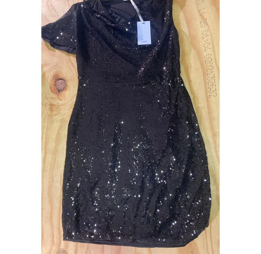 Grace Karin Size M Black Sequins One Shoulder Party Dress Short Sleeve